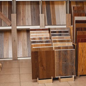 Sample parquet boards in hardware store, in home improvement warehouse exterior